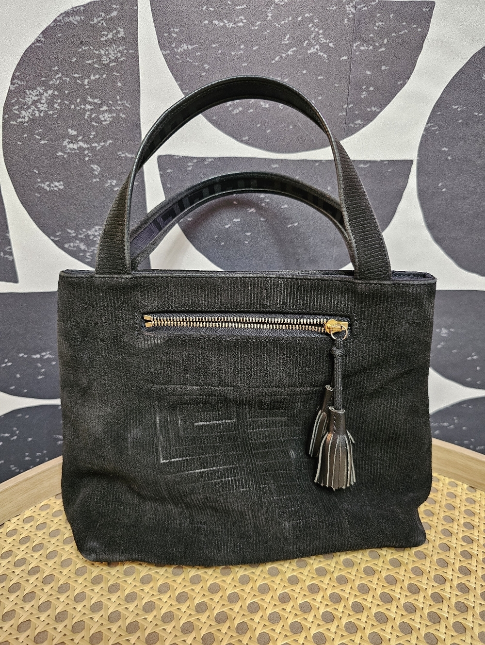 Classic Black Givenchy Corduroy 4G Geometric Corduroy Mini Tote Bag with Tassel